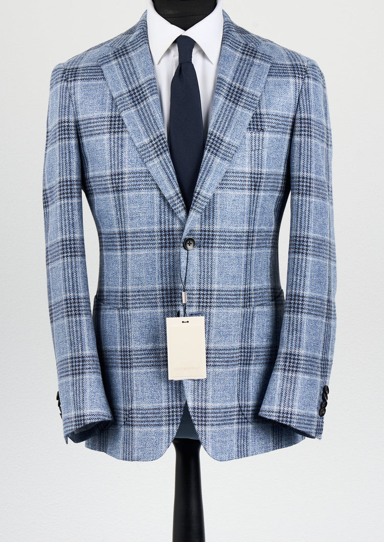 New Suitsupply Havana Light Blue Check Linen, Silk, Cotton Blazer - Size 40R