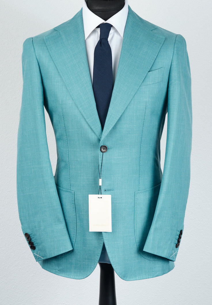 New Suitsupply Havana Aqua Wool, Silk and Linen Wide Lapel Suit - Size 40L