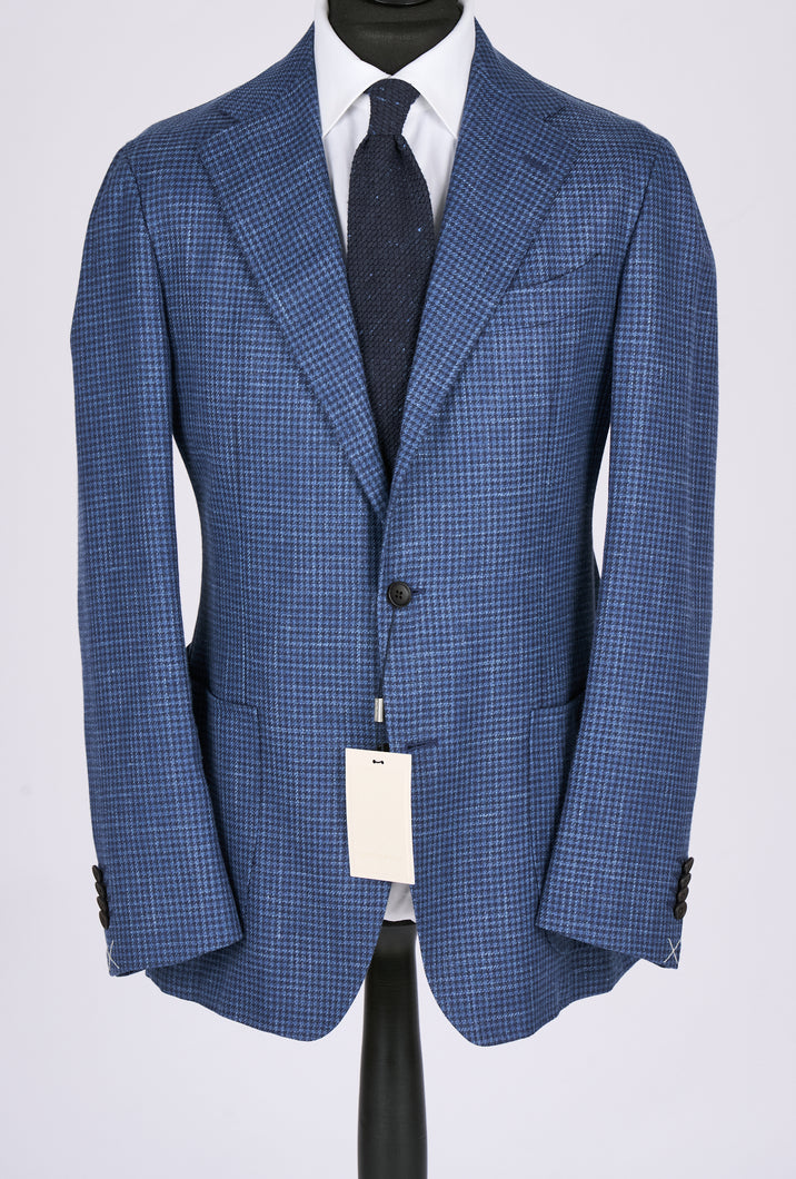 New Suitsupply Havana Mid Blue Houndstooth Wool, Silk, Linen 3 Roll 2 Suit - Size 44S and 44R