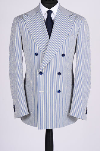 New SUITREVIEW Elmhurst Blue Stripe Seersucker Stretch Mother of Pearl Suit - All Sizes Made To Order!!
