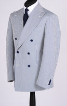 Load image into Gallery viewer, New SUITREVIEW Elmhurst Blue Stripe Seersucker Stretch Mother of Pearl Suit - All Sizes Made To Order!!