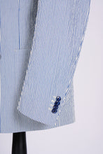 Load image into Gallery viewer, New SUITREVIEW Elmhurst Blue Stripe Seersucker Stretch Mother of Pearl Suit - All Sizes Made To Order!!