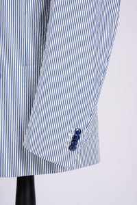 New SUITREVIEW Elmhurst Blue Stripe Seersucker Stretch Mother of Pearl Suit - All Sizes Made To Order!!