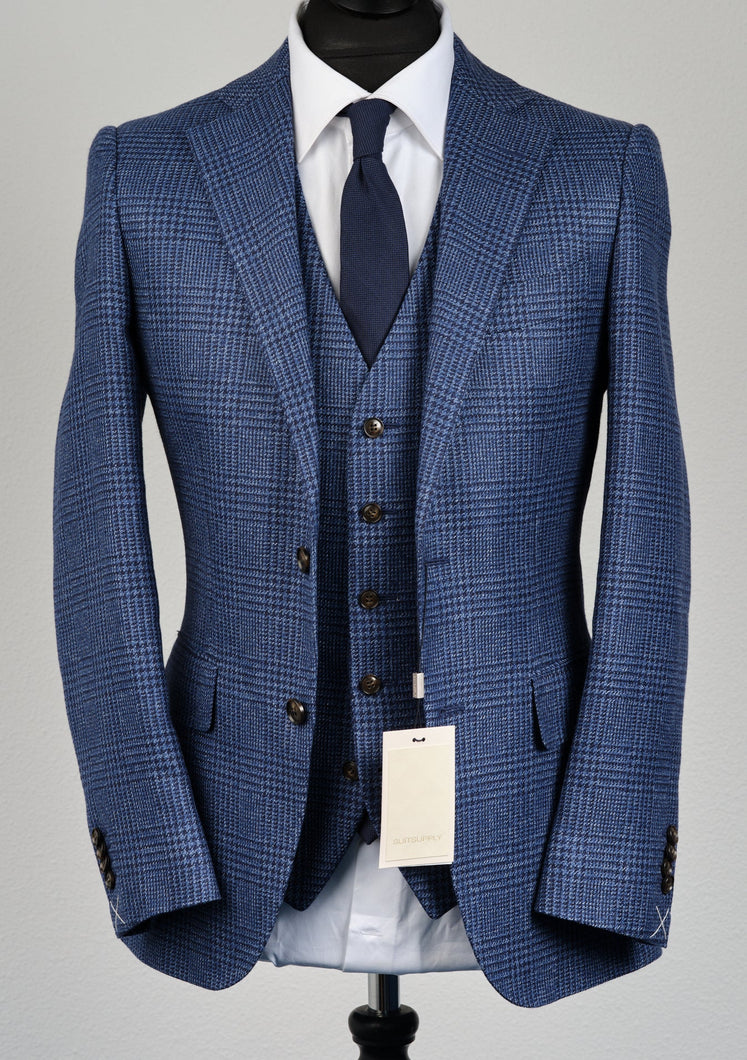New Suitsupply Lazio Mid Blue Check Wool/Linen 3 Piece Suit - Size 34R