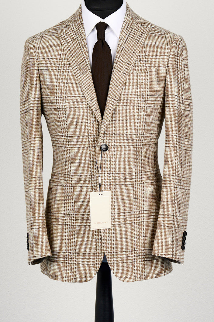 New Suitsupply Havana Light Brown Check Silk, Linen, Cotton Half Lined Blazer - Size 36R