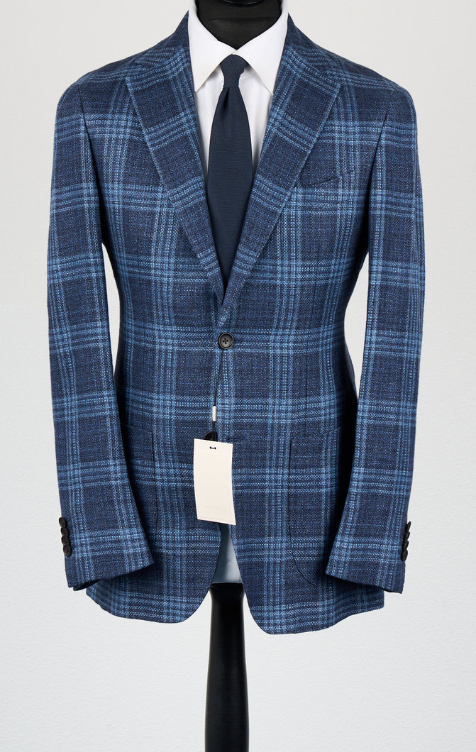 New Suitsupply Havana Mid Blue Check Hemp and Wool Half Lined Blazer - Size 36R and 38R