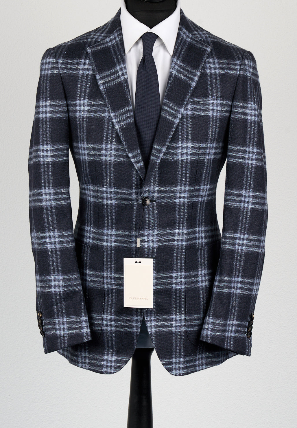 New Suitsupply Havana Navy Plaid Wool, Mohair, Silk and Cashmere Blazer - Size 38R