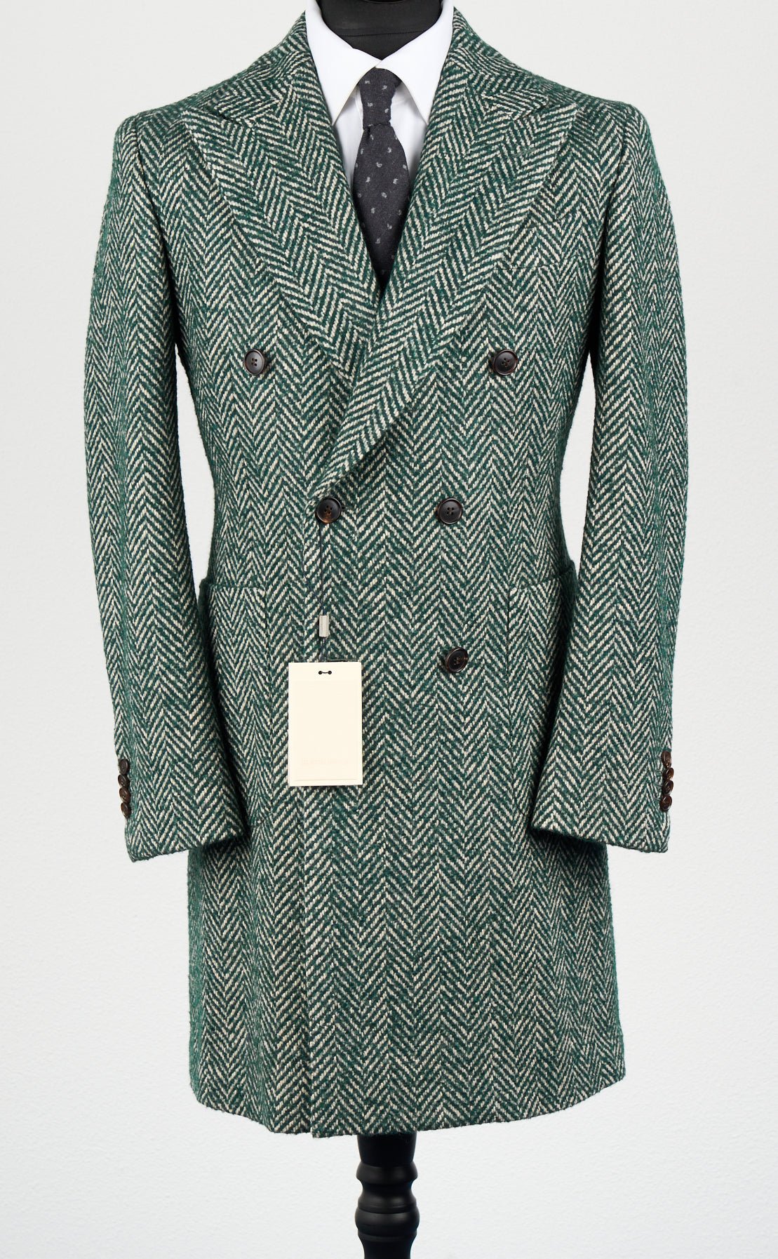 New Suitsupply Lavello Green Herringbone Wool, Silk, Llama, Mohair, Polyamide DB Coat - Size 38R