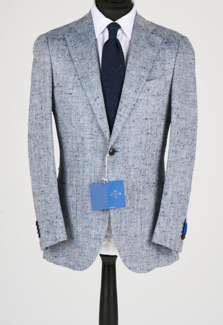 New Suitsupply JORT Light Blue Specked Herringbone Silk and Linen Full Canvas Suit - Size 38R