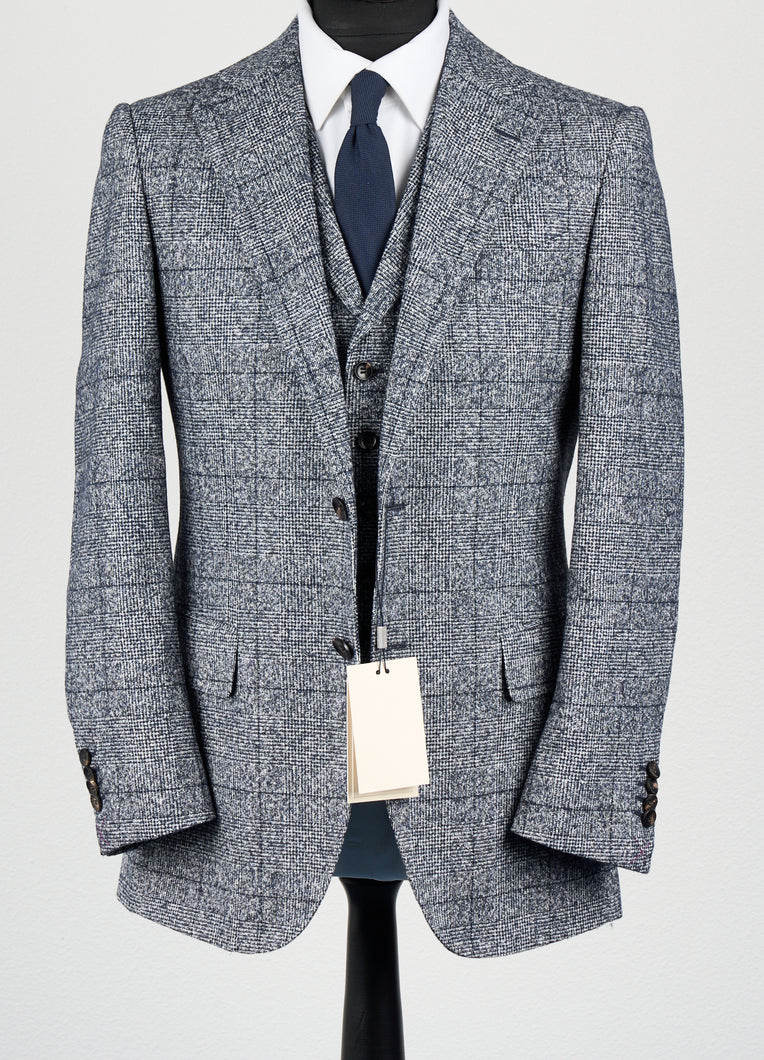 New Suitsupply Lazio Blue Check Alpaca, Cotton and Nylon 3 Piece Suit - Size 40R