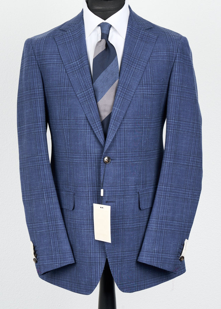 New Suitsupply Lazio Mid Blue Check Wool, Silk and Linen Suit - Size 38R