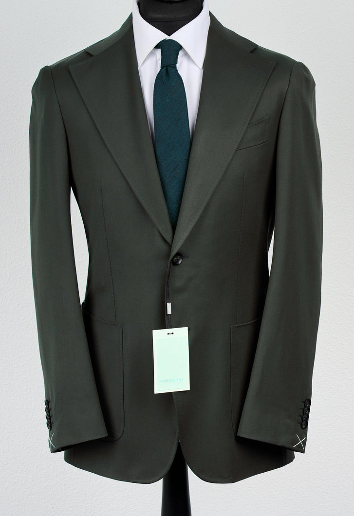New Suitsupply Havana Dark Green Pure Wool Super 130s Wide Lapel Suit - Size 36R