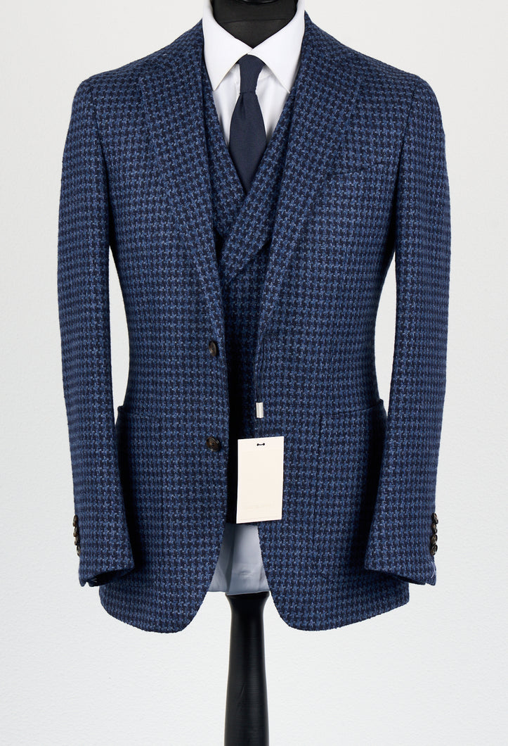 New Suitsupply Havana Mid Blue Houndstooth Wool, Mohair, Silk, Cashmere 3 Piece DB Suit - Size 36S, 36R, 38S, 38R, 40S