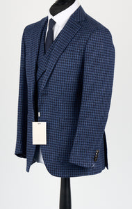 New Suitsupply Havana Mid Blue Houndstooth Wool, Mohair, Silk, Cashmere 3 Piece DB Suit - Size 36S, 38S, 38R, 42L (Final Sale)