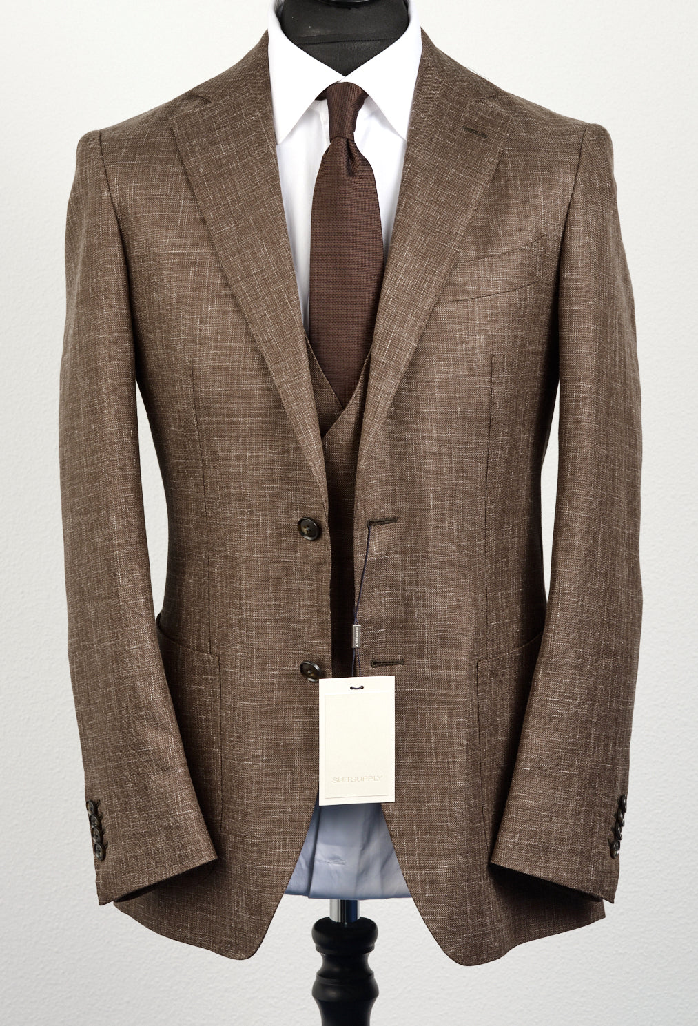New Suitsupply Havana Brown Wool, Mulberry Silk and Linen 3 Piece DB Suit - Size 36R and 38R