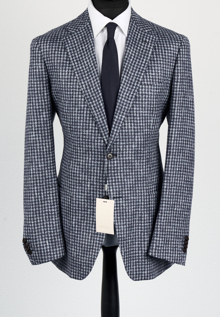 New Suitsupply Havana Mid Blue Houndstooth Wool, Alpaca, Silk, Linen Ferla Suit - Size 38R