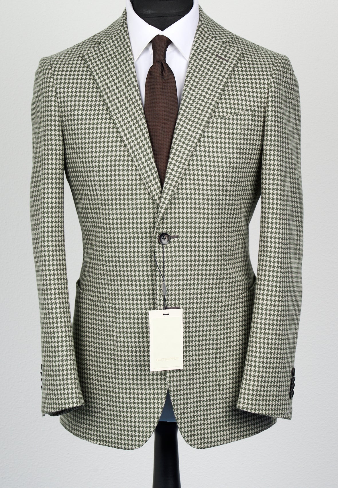 New Suitsupply Mid Green Houndstooth Wool and Cashmere Suit - Size 46R