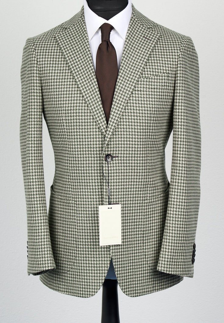 New Suitsupply Mid Green Houndstooth Wool and Cashmere Suit - Size 38S and 38R