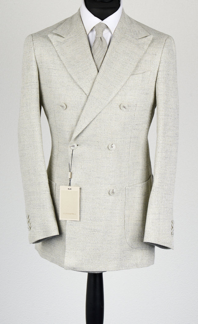 New Suitsupply Havana Light Gray Herringbone Silk, Linen, Cotton Unlined DB Ferla Suit - Size 46L