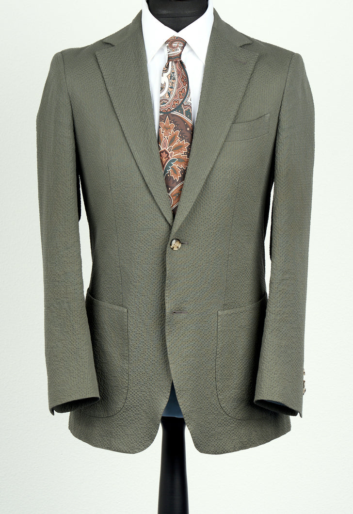 New Suitsupply Havana Green Cotton Stretch Seersucker Suit - Size 36R, 38R, 40R, 44R, 46R
