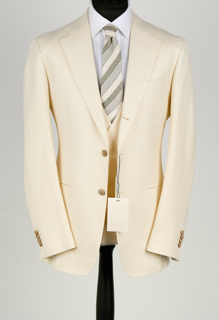 New Suitsupply Havana Jetted Off White Herringbone Wool, Tussah Silk, Linen 3 Piece DB Suit - Size 44L, 46R, 46L, 48R