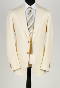 New Suitsupply Havana Jetted Off White Herringbone Wool, Tussah Silk and Linen 3 Piece DB Suit - Size 48R