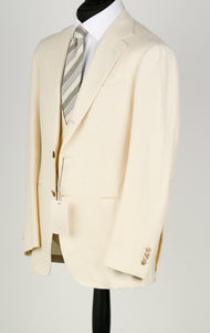 New Suitsupply Havana Jetted Off White Herringbone Wool, Tussah Silk and Linen 3 Piece DB Suit - Size 48R