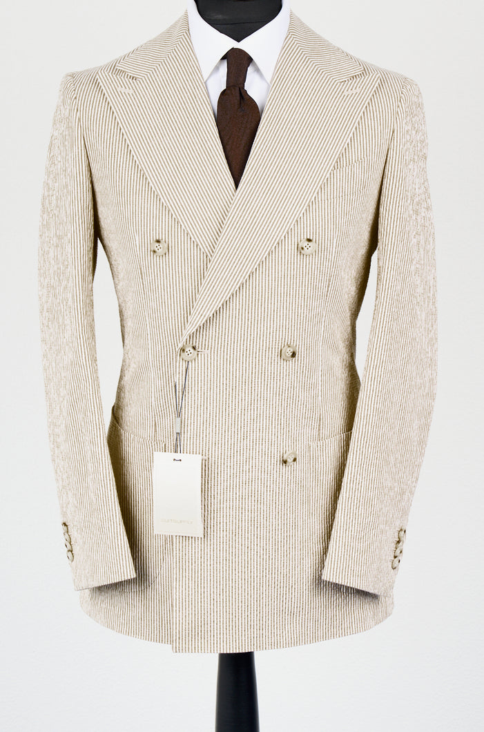 New Suitsupply Havana Light Brown Stripe Cotton Stretch Seersucker DB Suit - Size 36R, 42L, 44R, 46R