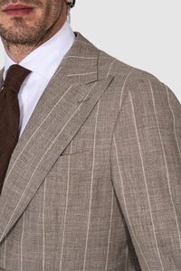 New SUITREVIEW Elmhurst Light Taupe Wool, Silk, Linen Stripe Peak Lapel Suit - All Sizes Made To Order