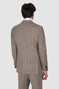 New SUITREVIEW Elmhurst Light Taupe Wool, Silk, Linen Stripe Peak Lapel Suit - All Sizes Made To Order