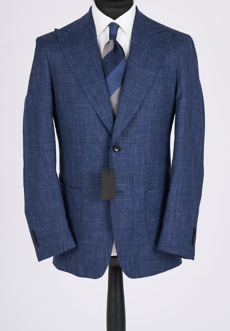 New SUITREVIEW Elmhurst Blue Glen Check Wool, Silk, Linen Loro Piana Suit - Size 38R (Wide Lapel)