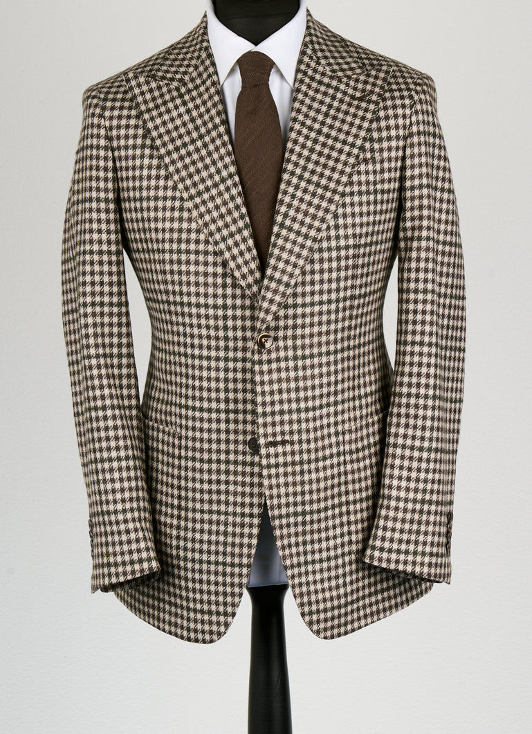 New SUITREVIEW Elmhurst Brown/Green Houndstooth Wool and Silk Luxury Blazer - Size 38R