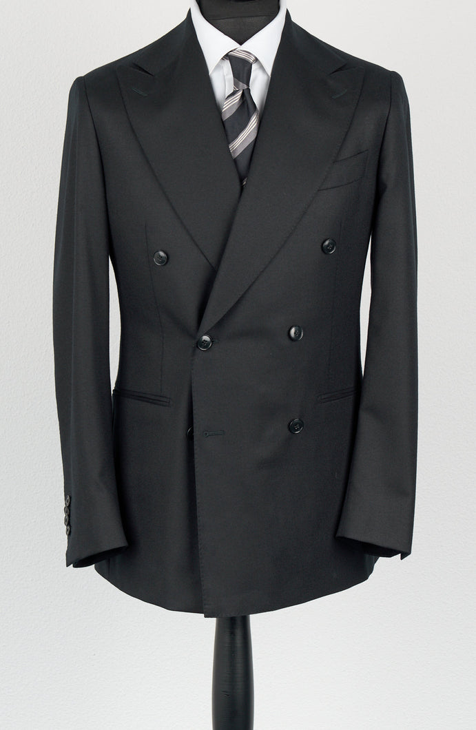 New SUITREVIEW Elmhurst Black Pure Wool Light Flannel Natural Stretch DB Suit - Size 38S and 44R