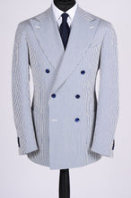 Load image into Gallery viewer, New SUITREVIEW Elmhurst Blue Stripe Seersucker Stretch Mother of Pearl Suit - Made to Order!