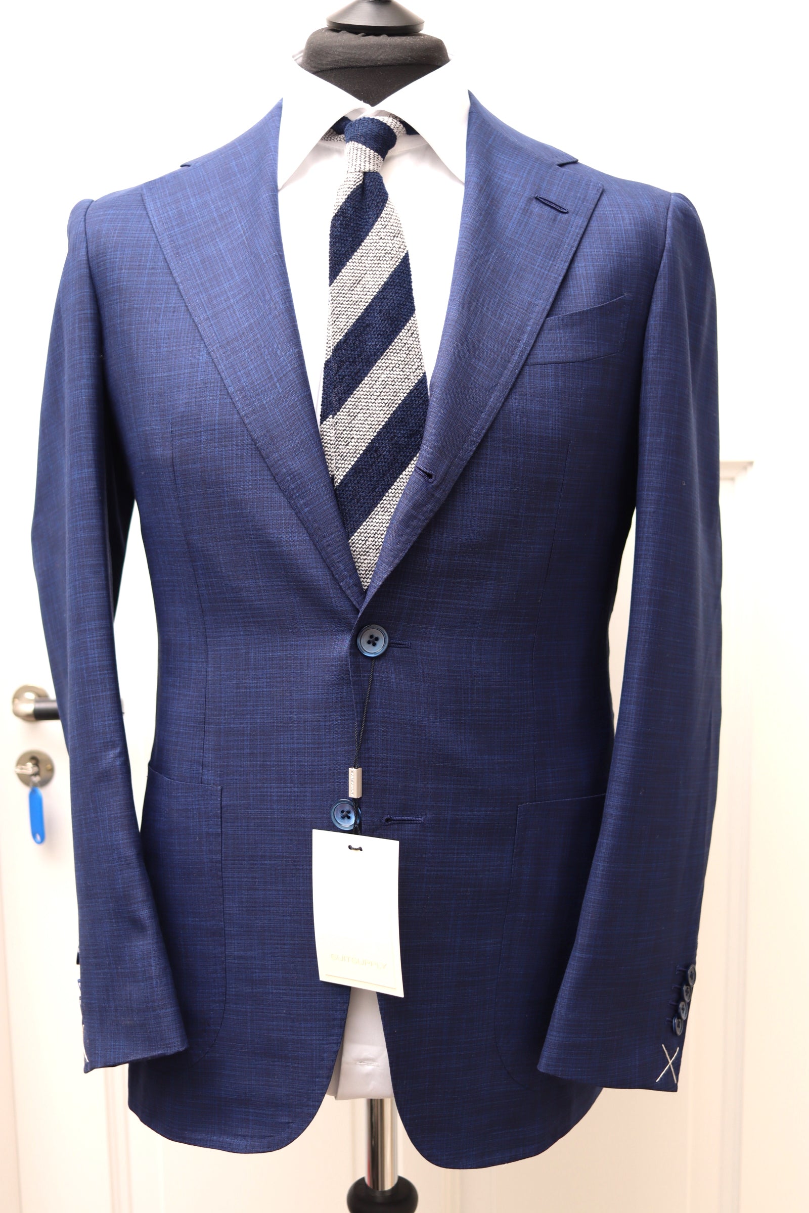 NWT Suitsupply Havana Mid Blue Wool/Silk Check Full Canvas Suit - Size 38R