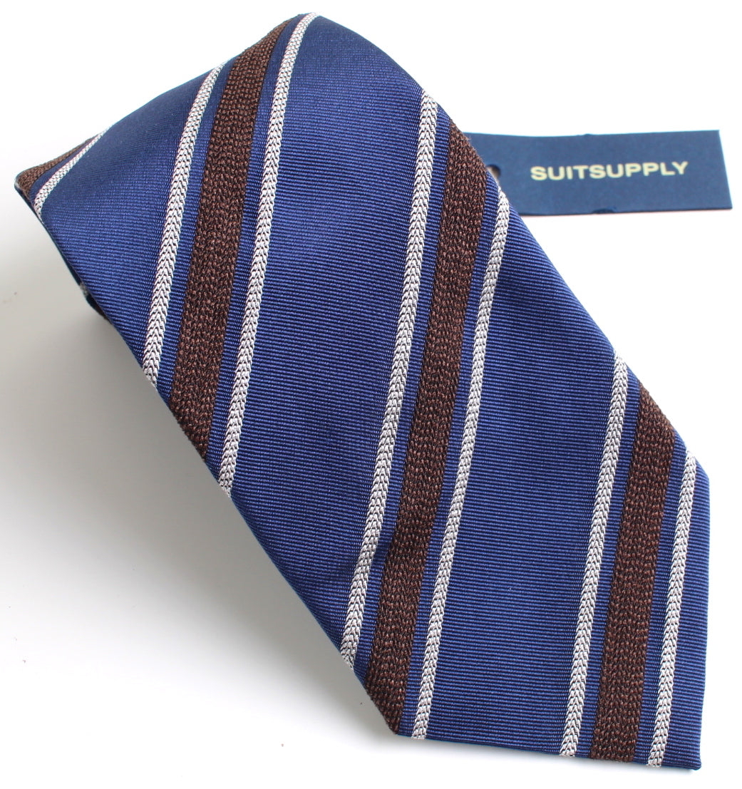 New With Tags SUITSUPPLY Blue and Brown Stripe Silk and Cotton Tie