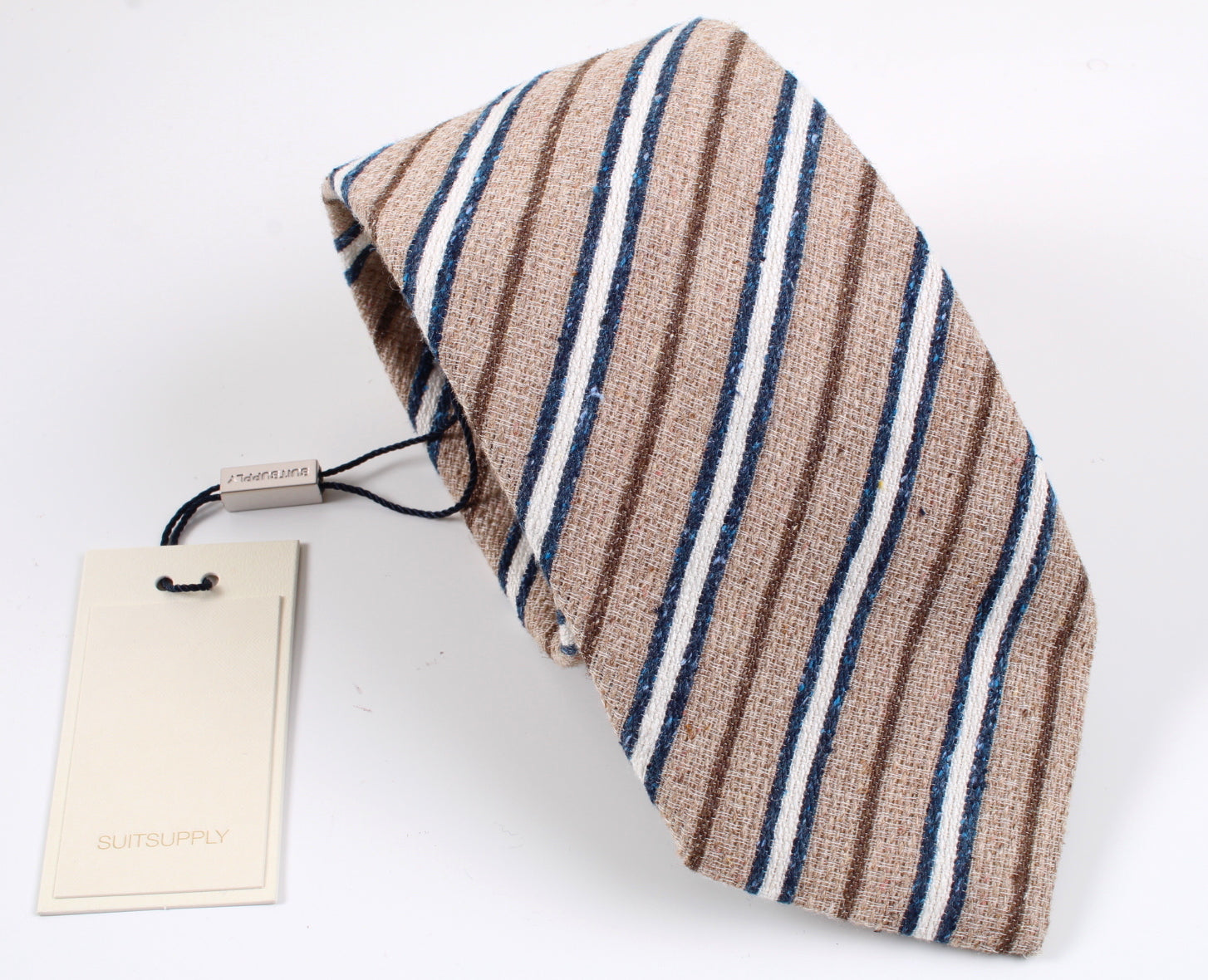 New With Tags SUITSUPPLY Light Brown Stripe Silk and Cotton Tie