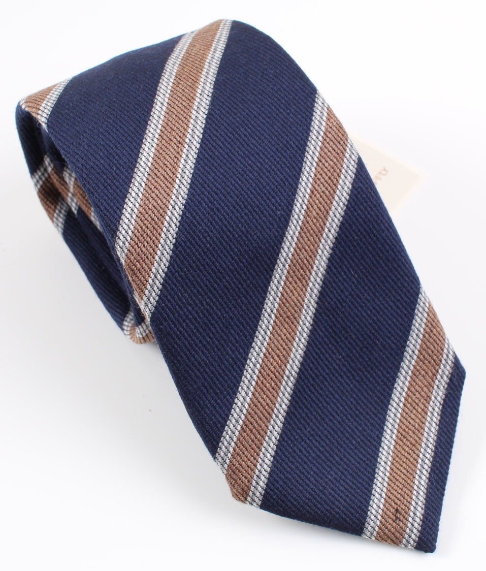 New With Tags SUITSUPPLY Navy Brown Stripe Virgin Wool and Silk Tie