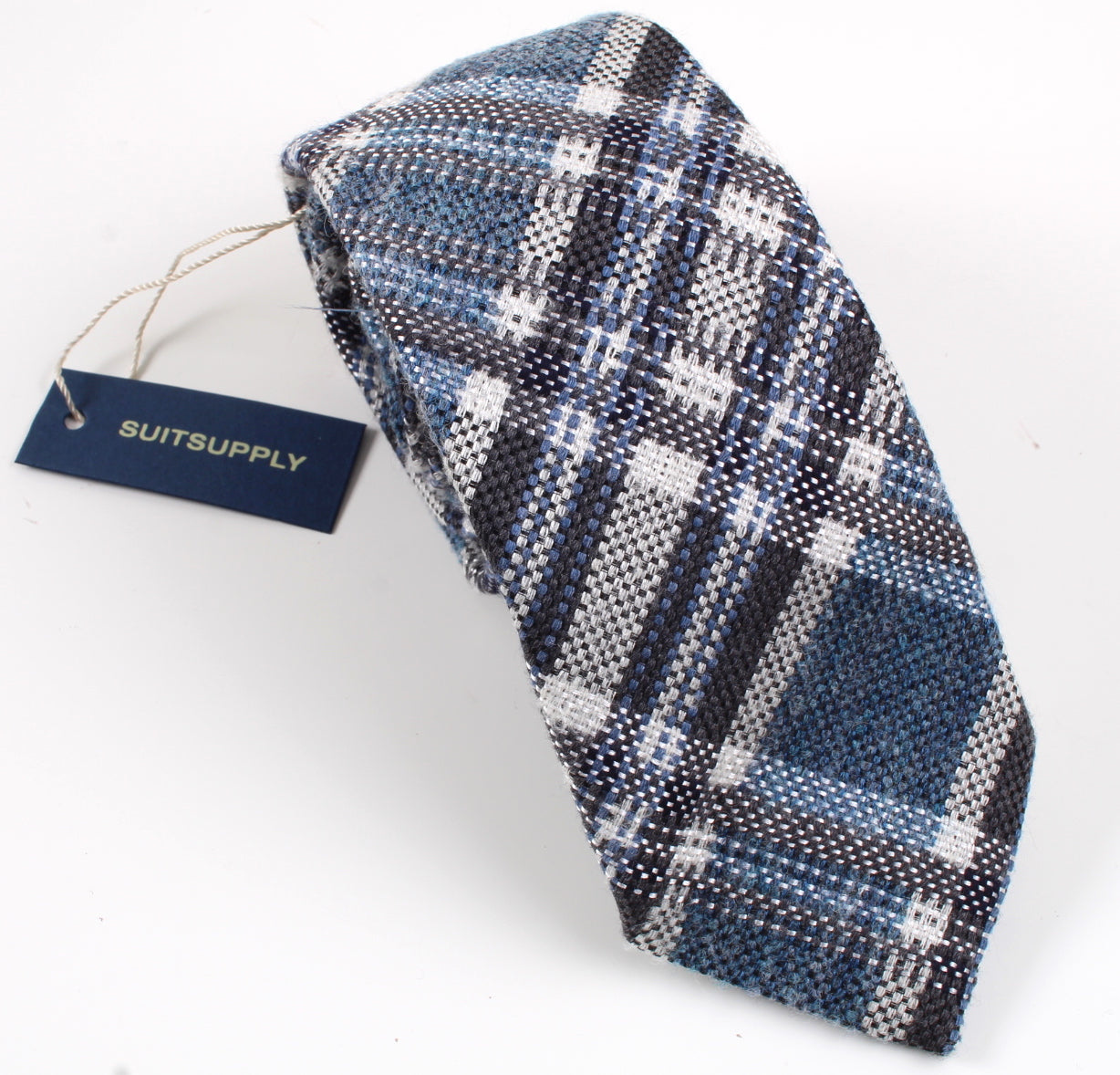 New With Tags SUITSUPPLY Blue Check Wool, Silk and Polymide Tie