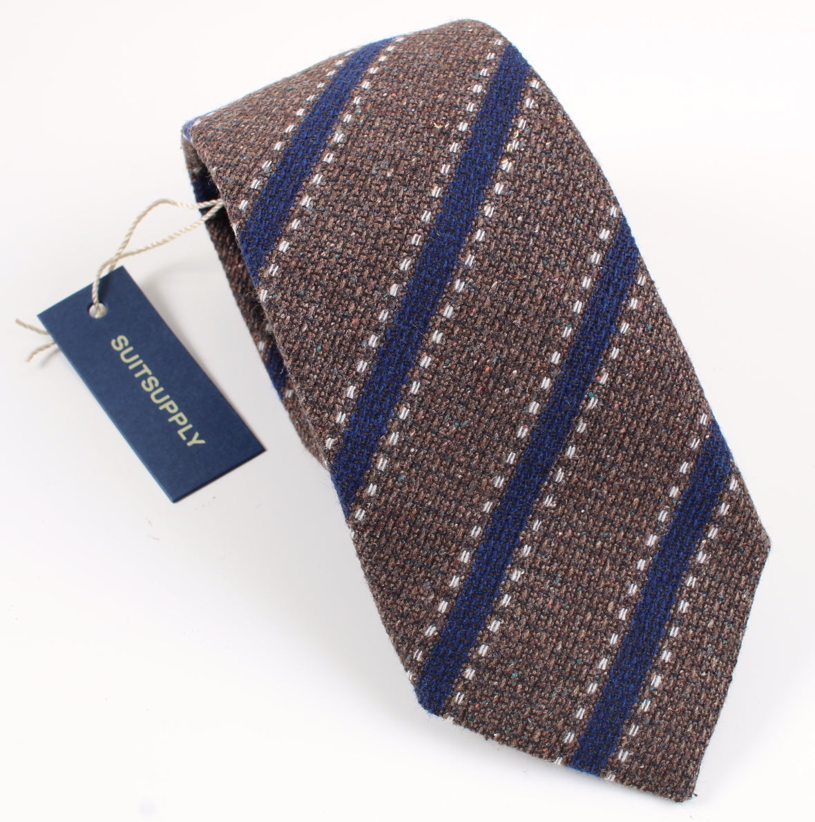 New With Tags SUITSUPPLY Brown Navy Stitch Stripe Wool and Silk Tie