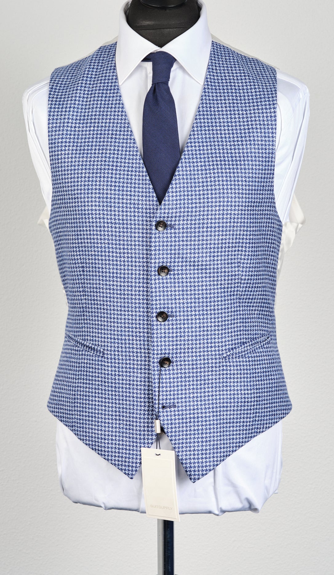 New Suitsupply Ferrara Light Blue Houndstooth Wool, Silk, Linen Waistcoat - Size 42R