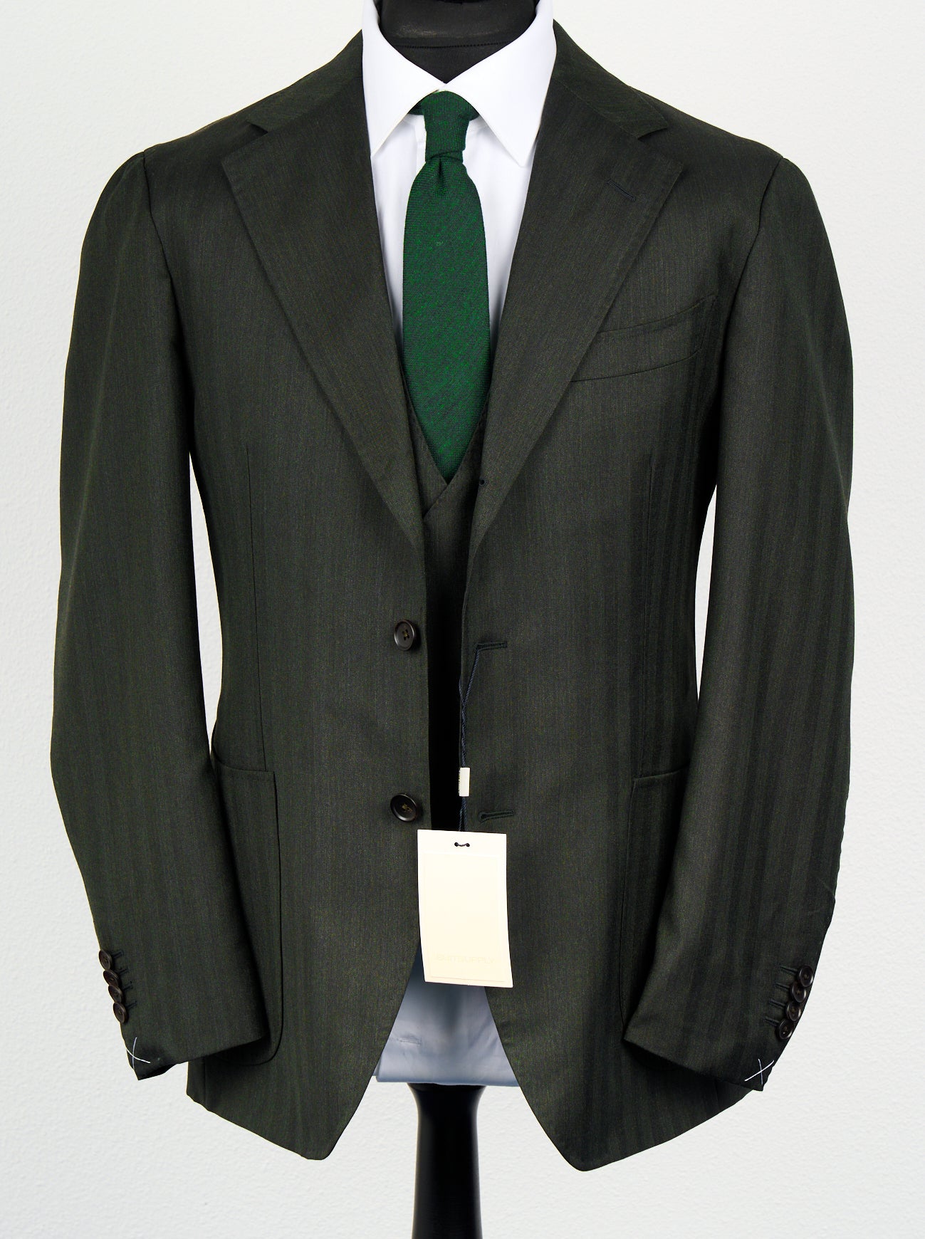 New Suitsupply Havana Dark Green Herringbone Pure Super 130s 3 Piece Suit - Size 38S (Current Collection)